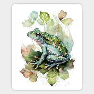 A Green Frog Sitting on a Leaf Watercolor Design Magnet